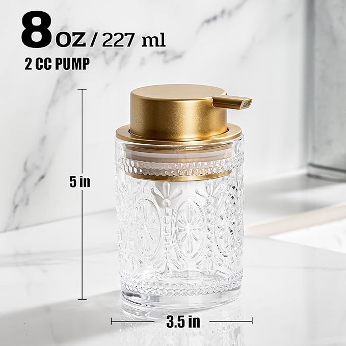 AZMOYAC Glass Foam Soap Dispenser, 8 Oz Face Wash Dispenser for Bathroom, Vintage Glass Clear Foaming Hand Soap Dispenser, Small Refillable Lotion Dish Dispenser for Kitchen (Matte Golden-8 OZ)