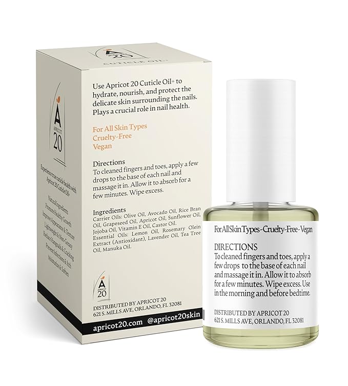Apricot20 Cuticle Oil Plus, Natural Nail Care Treatment with Essential Oils, Vegan, Cruelty-Free, 0.33 fl oz