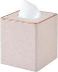 Linen Square Tissue Box Cover,Cube Tissue Box Holder－Excellent Rosegold Leather Decoration,Table Napkin Case Dispenser,Facial Tissues Organizer with Magnetic Bottom for Home Office Car(Beige)