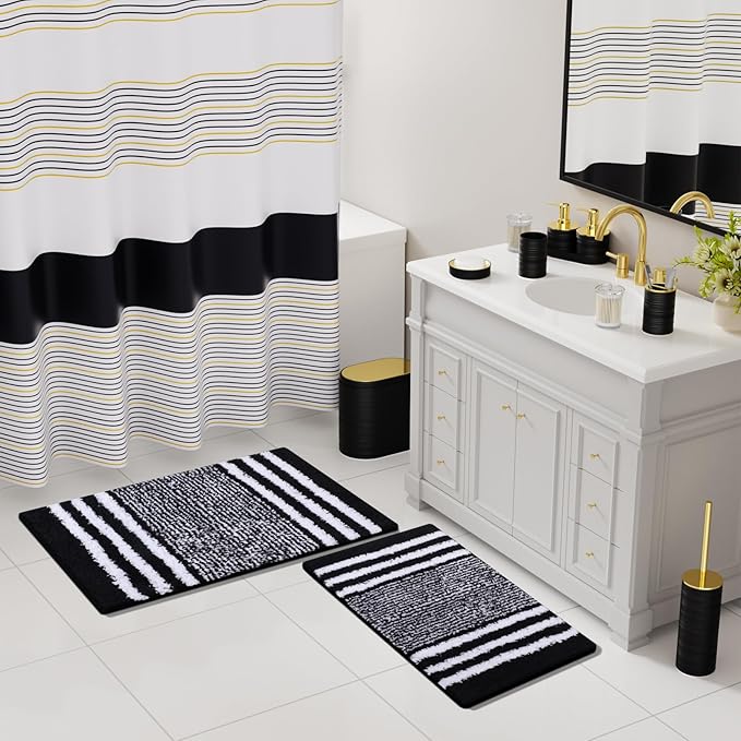 InnJoey Bathroom Set - Bathroom Sets with Shower Curtain and Rugs, 25PC Bathroom Accessory Set, Black Bathroom Accessories Set with Trash Can, Soap Dispensers