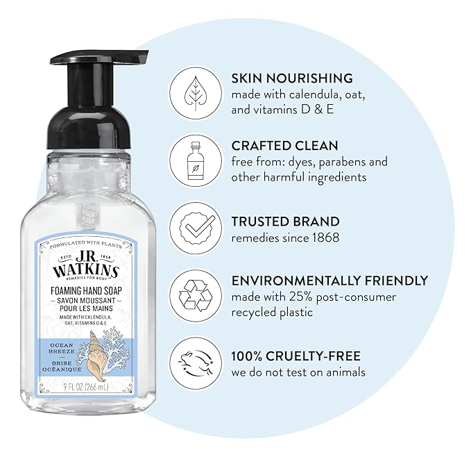 J.R. Watkins Foaming Hand Soap with Pump Dispenser, Moisturizing Foam Hand Wash, Alcohol-Free, Cruelty-Free, brise marine, 9 fl oz, 3 Pack
