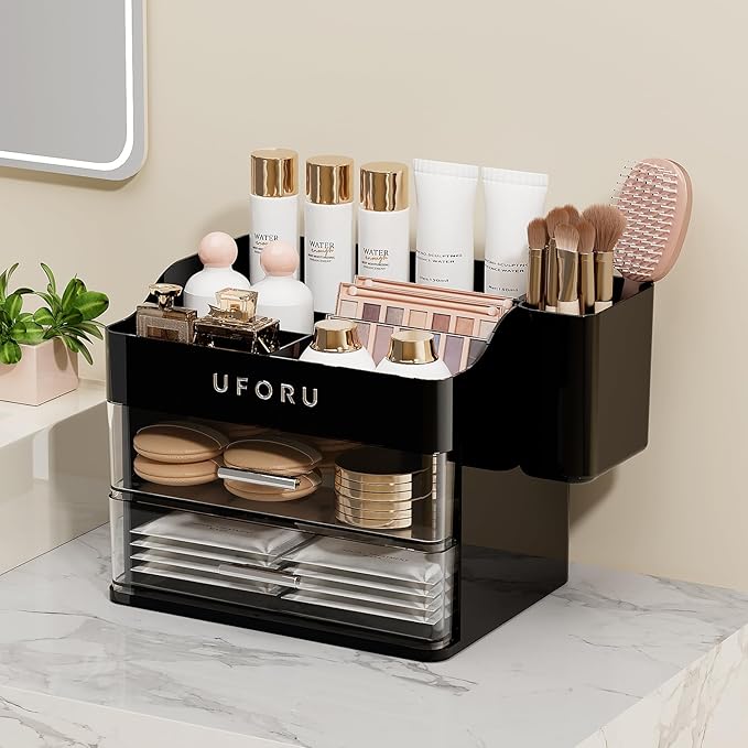 UFORU Makeup Organizer for Vanity with Brush Holder, Countertop Skincare Organizer with 2 Drawers, Spacious Cosmetic Display Case for Perfumes, Cologne, Shaving Lotion