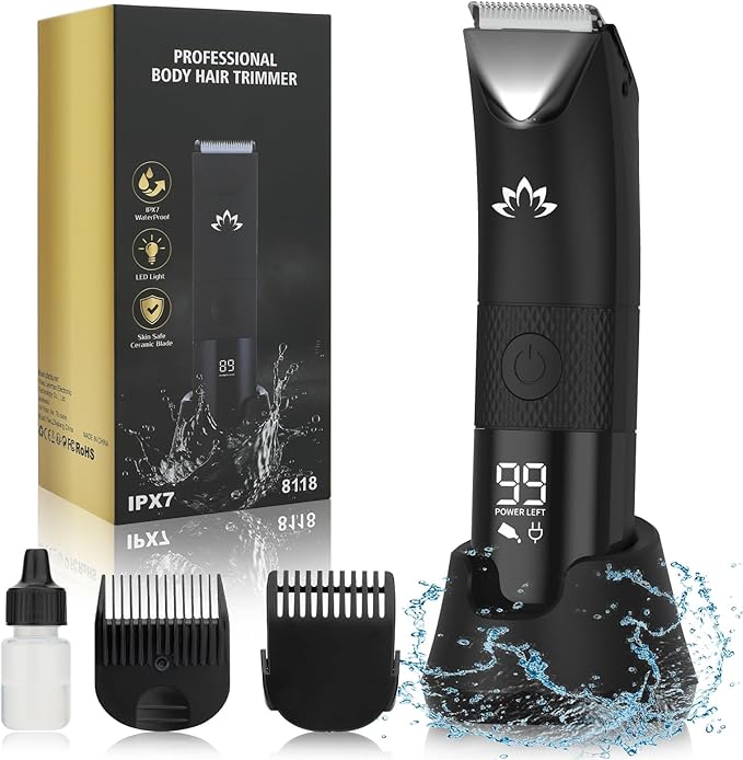 Qreeyx Manscape Trimmer for Men - Electric Body Hair Trimmer with Light, IPX7 Waterproof Electric Razor for Balls/Pubic/Groin/Legs/Chest Hair Removal, Lightweight with LED Display, Gifts for Him Dad