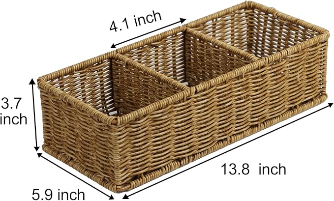 Waterproof Wicker Bathroom Basket with 3 Compartments, Light Brown