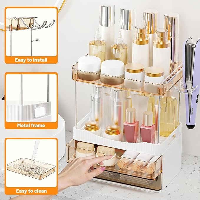 Bathroom Counter Organizer with Hair Dryer Holder, 2 Tier Storage Drawers