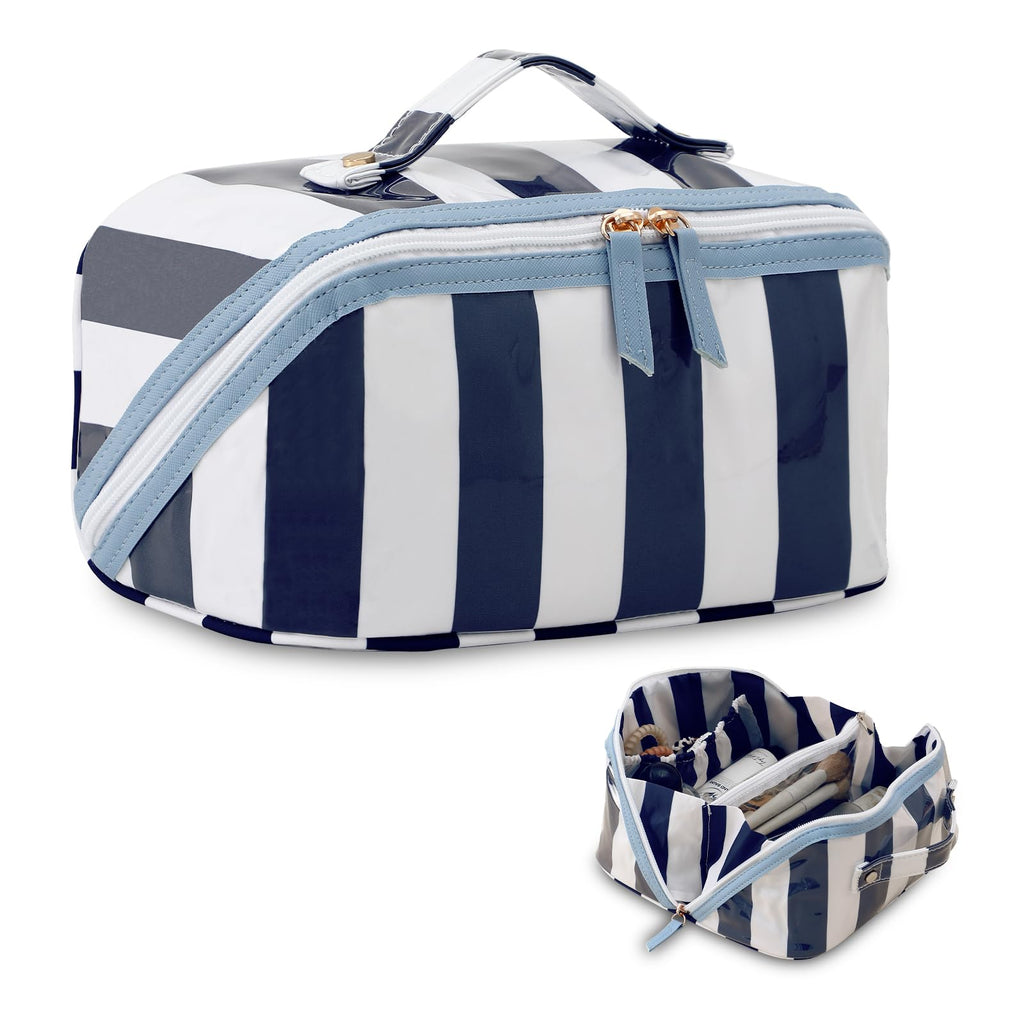 DYSHAYEN Stripe Travel Makeup Bag with Compartments Clear Coated Cosmetic Bag for Women, Waterproof Portable Open Flat Toiletry bag （White-Navy）