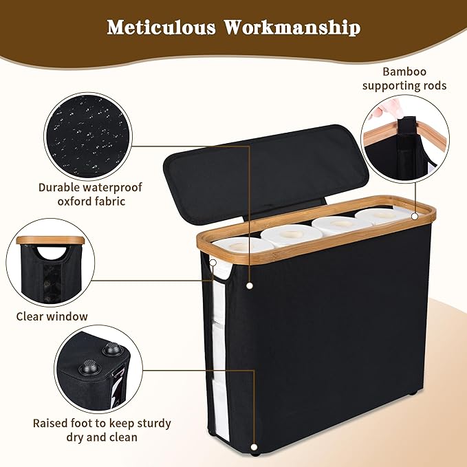 Toilet Paper Storage Basket with Lid - The Ultimate Bathroom Organizer, Free Standing Toilet Paper Holder for Up to 9 Mega Rolls, Toilet Tissue Storage Bin with Handle for RV Closet, Black
