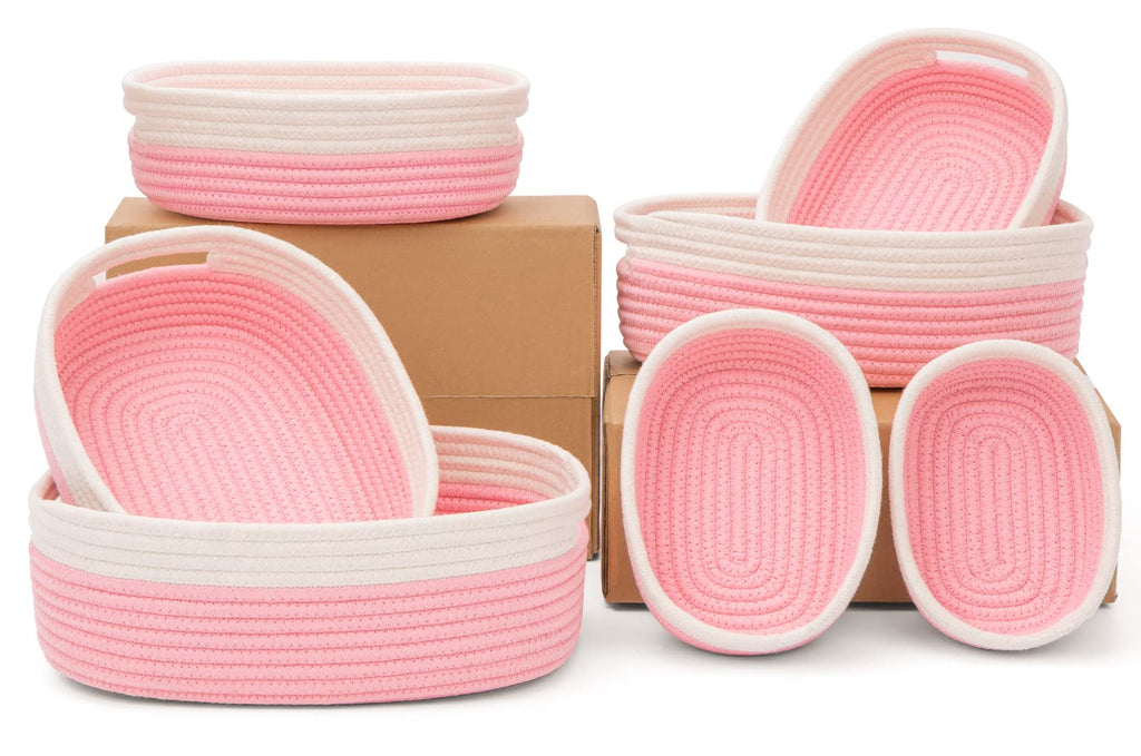 HLWDFLZ 7 Piece Cotton Rope Woven Basket Set - Small Basket for Baby Nursery, Pets, Montessori, Dog & Cat Toy Boxes, Bathroom Organization Bins (White/Pink)