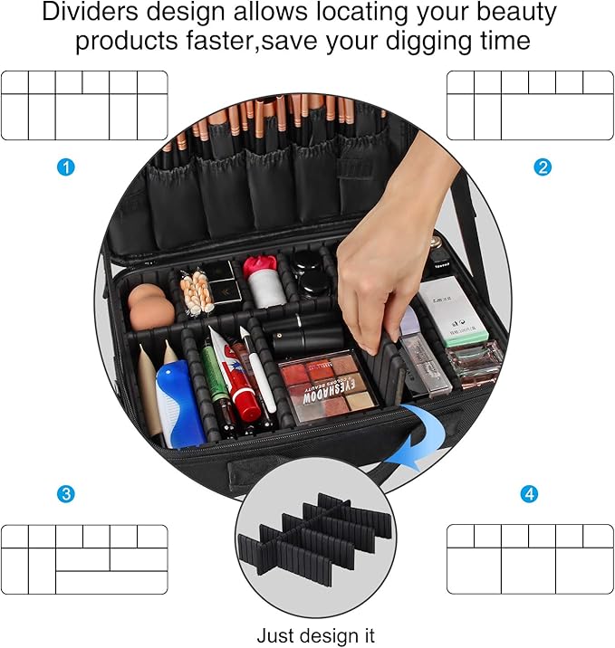 Relavel Makeup Bag Train Case for Women Travel Cosmetic Organizer with Adjustable Dividers and Brush Compartment, Large Storage Box for Cosmetics, Toiletries, Nail Polish, Jewelry, Electronic (Black)