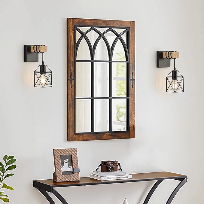 Plug in Wall Sconces Set of Two, Farmhouse Wall Mount Lighting, Black Vanity Lights Fixture for Bathroom with Metal Cage Shade, Wood Rustic Wall Lamp for Hallway, Living Room, Mirror, Bedroom