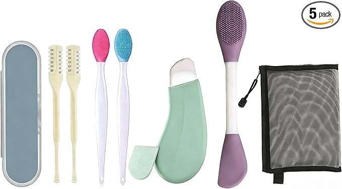 Upgraded 5-in-1 Skincare & Grooming Kit: Stainless Steel Blackhead Remover Pore Cleanser, Pain-Free Nose Hair Trimmer, Lip Scrubber, Mask Brush with Travel Makeup Pouch for Men & Women