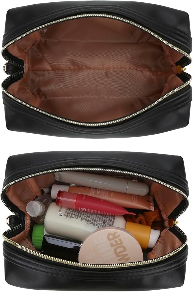 JINSI Small Makeup Bag Travel Cosmetic Bag Toiletry Zipper Pouch Make Up Organizer Bag with Handle Purse for Women Soft PU Leather Skincare Case (Black)