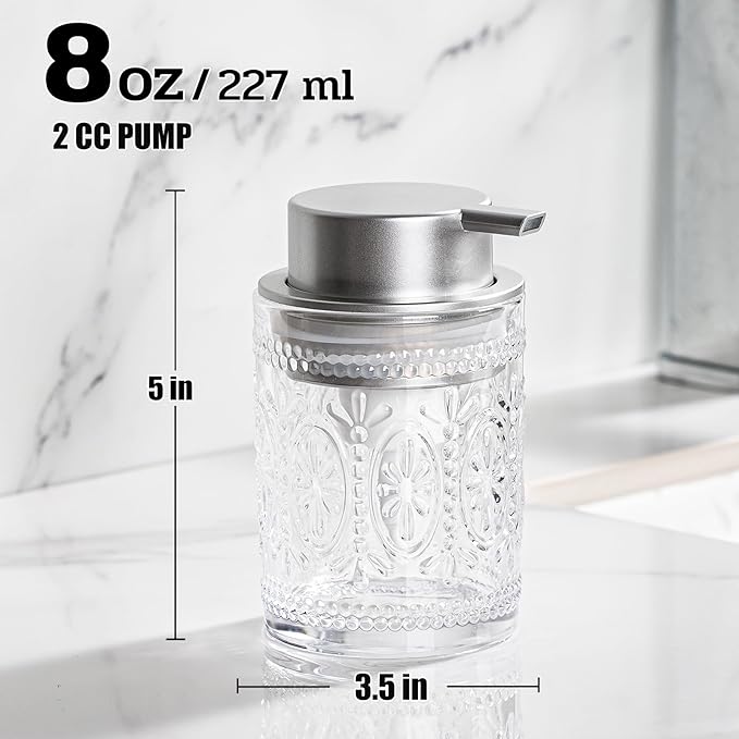 AZMOYAC Glass Foam Soap Dispenser, 8 Oz Face Wash Dispenser for Bathroom, Vintage Glass Clear Foaming Hand Soap Dispenser, Small Refillable Lotion Dish Dispenser for Kitchen, Matte Silver Pump