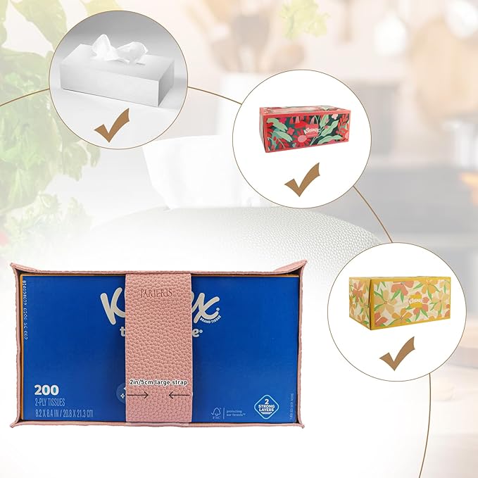 PARIERIS Tissue Box Cover PU Leather Tissue Holder Rectangle Facial Tissue Case Tissue Box Organizer Dispenser for Bathroom, Kitchen, Home, Office, Tabletop (SoftPink, Tall)