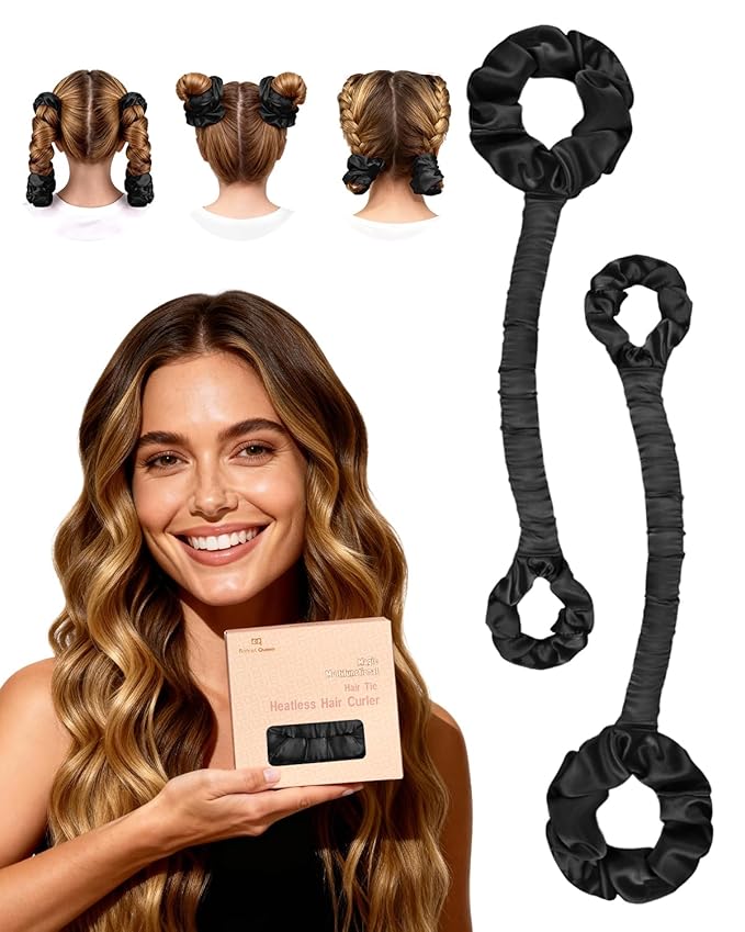 BONNET QUEEN 2 Pack Medium Satin Heatless Hair Curler for Medium to Long Thick Hair, Heatless Curls Overnight, Hair Curlers to Sleep In, Damage-Free Waves with Built-in Scrunchie, Black