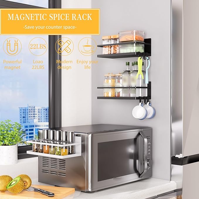 KMUZAWN Magnetic Spice Rack for Refrigerator, 2 Pack Magnetic Shelf, Fridge Magnet Organizer with Moveable 6 Hooks, Magnetic Fridge Shelf for Kitchen Organization and Storage(Black, 2 Pack)