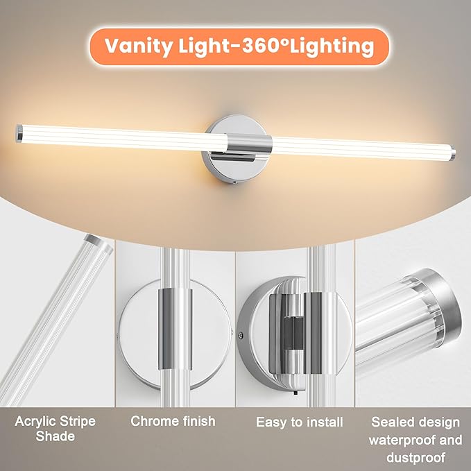 Bathroom Wall Sconces Set of 2 Hardwired Dimmable 5CCT LED Bathroom Light Fixtures Over Mirror 360° Full Lighting 31" Long Vanity Light Bar Modern Chrome Wall Sconce for Bedroom Living Room