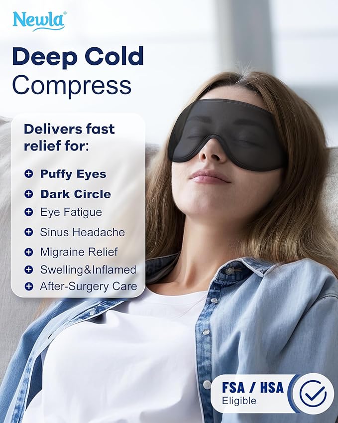 Cooling Gel Eye Mask for Puffy Eyes, Larger Full-Eye Cold Compress for Swelling, Ice-Cold Gel Therapy, Forehead & Upper Cheek Cooling Relief, Reusable Ice Pack for Eyes, FSA Eligible HSA, Black