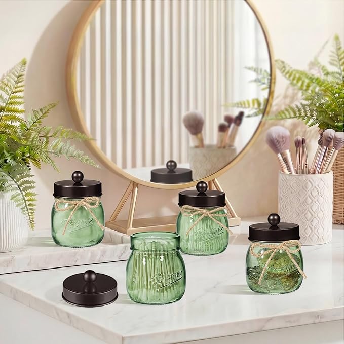 SheeChung Green Glass Qtip Holder Dispenser, Mason Jar Apothecary Jars with Lids, Bathroom Organizers and Storage, Vanity Countertop Canisters Set for Cotton Swab, Ball, Pad, Floss Pick-Bronze, 3 Pack