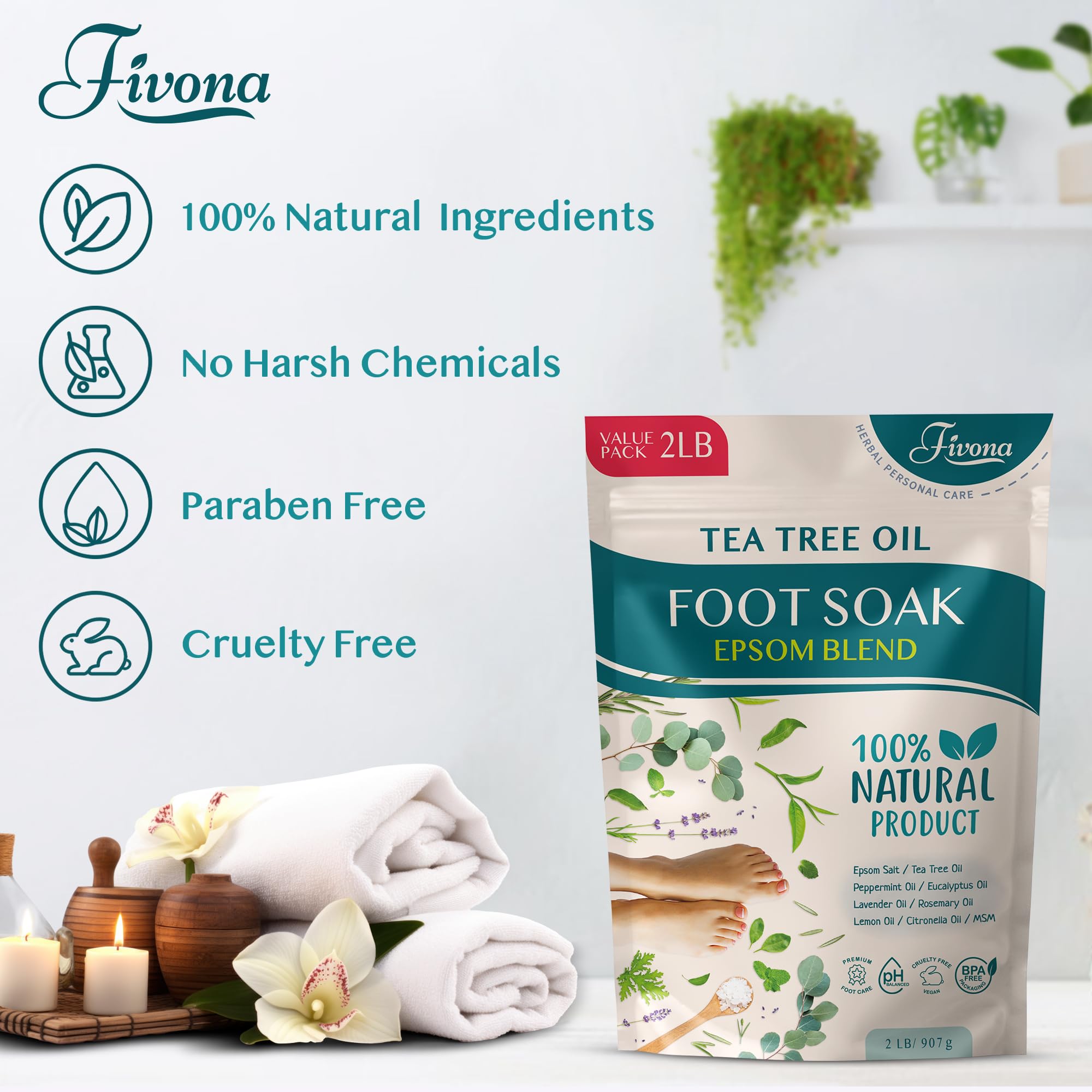 Foot Soak Epsom Salt with Tea Tree Oil 2 LB - Epsom Salt with Essential Oils for Healthy Toenails, Soothing Relief, Callus Softening - Pedicure Therapy for Soft, Rejuvenated Feet