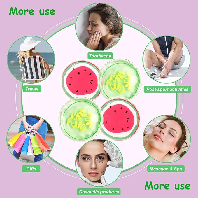 CONBELLA Hot and Cold Eye Pads, reusable eye patches - Soothing, Revitalizing, Puffiness, Refresh, Relieves Stress, Relax, Relieves Puffiness and Tension(2 watermelons + 2 cucumbers)