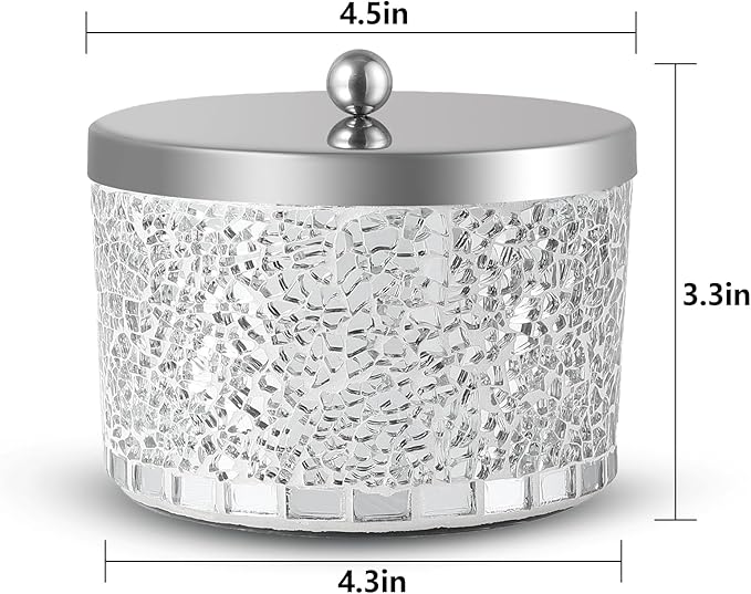 Bathroom Jars q tip holder, Mosaic Glass Cotton Swab Holder, Cosmetics Makeup Accessories Storage for Makeup Sponge Bath Salts Storage Christmas Birthday, Silver