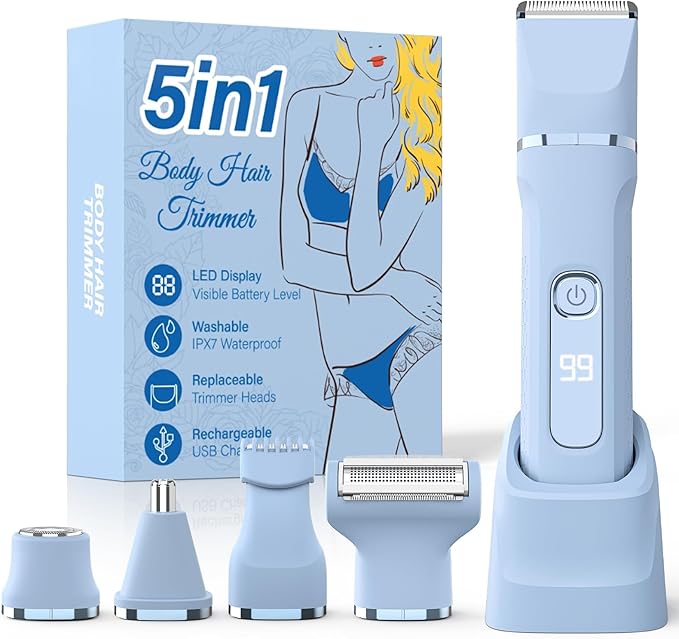 Bikini Trimmer for Women,5-in-1 Electric Razors for Women,IPX7 Waterproof Trimmer with 5 Replaceable Blade Heads（Blue）