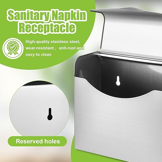 Tioncy 1 Pack Sanitary Napkin Disposal Receptacle with Feminine Hygiene Disposal Bag Stainless Steel Tampon Bin Trash Can Wall Mounted Waste Tampon Holder Feminine Hygiene Container (Silver)