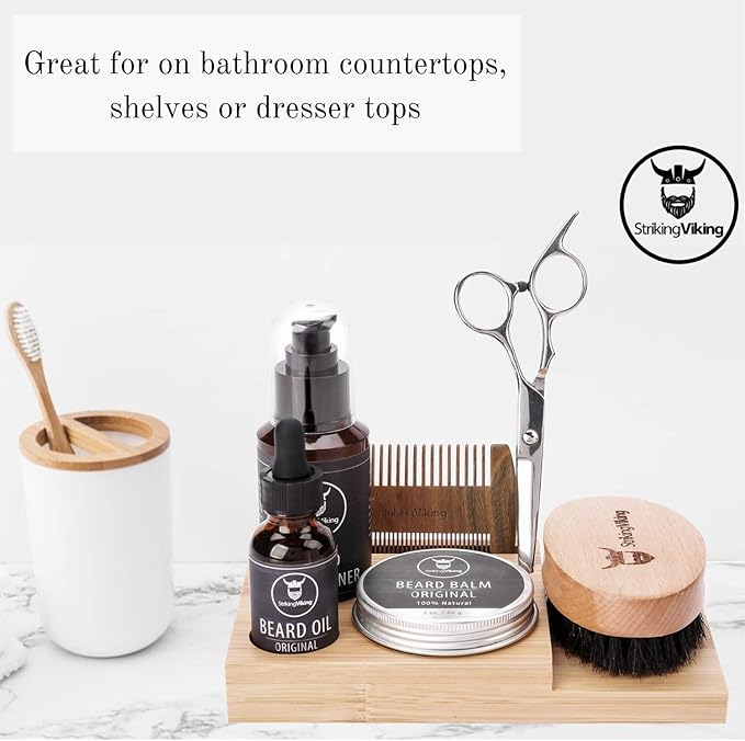 Striking Viking Bamboo Beard Kit for Men - 7.3 in x 4.5 in x 1 in - Portable Grooming Caddy Organizer for Beard Balm & Oil Products - With Scissors & Comb Brush Holder