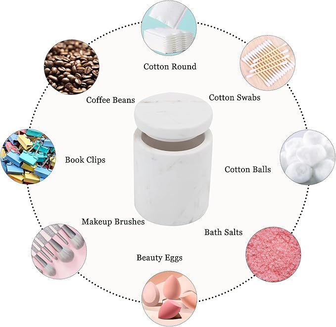 N NANSHOP Natural Marble Canister, Cotton Swab Holder with Lid, High Capacity Bathroom Qtip Holder Storage for Cotton Swab, Floss Picks, Makeup Pad, Bath Salt, Jazz White(NS020)