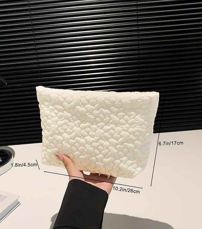 HFLZBRO Puffy Quilted Makeup Bag, Cosmetic Bag, Travel Toiletry Organizer Pouch, Clutch for Wom (White Flower)