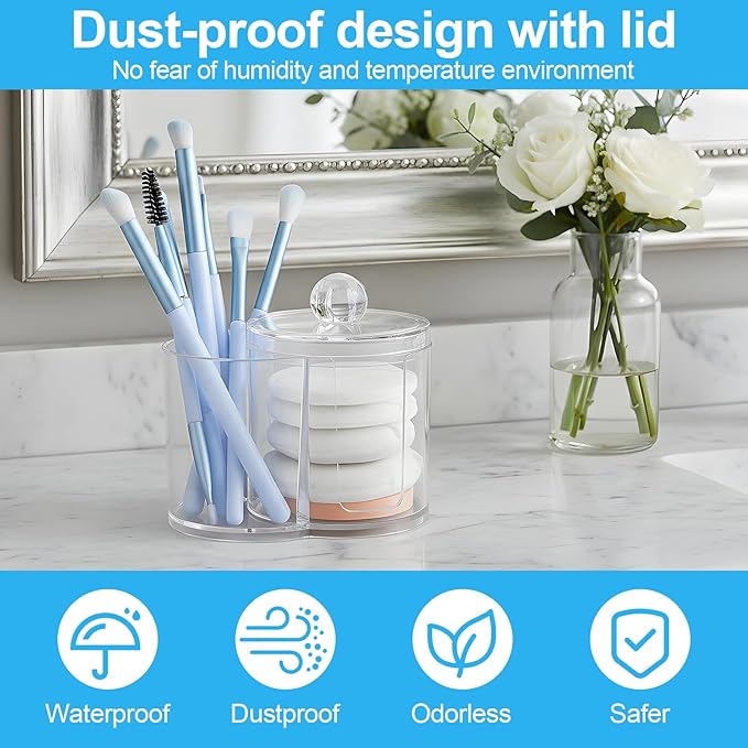 Gsbnjuy Cotton Swab Holder Dispenser Dual-Compartment Cotton Organizer Clear Vanity Canister with Removable Dustproof Lid Bathroom Accessories Storage Organizer for Cottons Swabs Balls Pads Floss
