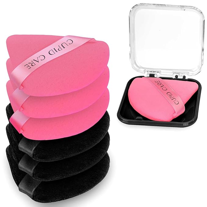 CUPID CARE 6 Pcs Triangle Powder Puff with 2 Travel Cases, Setting Powder Puffs for Face Powder and Foundation, Velour Makeup Puff for Loose Powder Body Powder, Skin-Friendly, Beauty Makeup Tools
