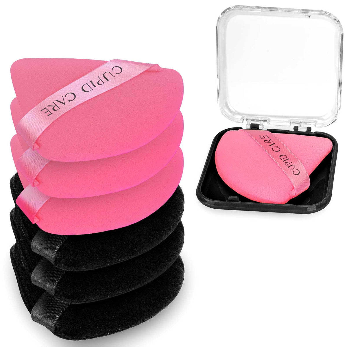 CUPID CARE 6 Pcs Triangle Powder Puff with 2 Travel Cases, Setting Powder Puffs for Face Powder and Foundation, Velour Makeup Puff for Loose Powder Body Powder, Skin-Friendly, Beauty Makeup Tools-Red