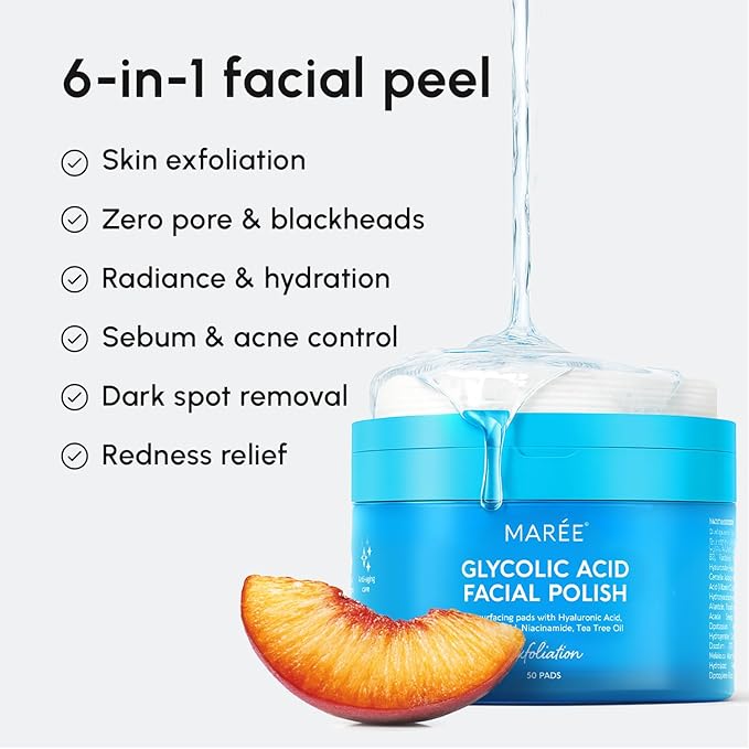 MAREE Glycolic Acid Pads - Toner Pads for Face Cleansing - Exfoliating Pad with Tea Tree Oil, Salicylic Acid & Vitamins E, B3, B5 - Facial Polishes & Peels, Skin Pore Resurfacing & Radiance - 50 Count