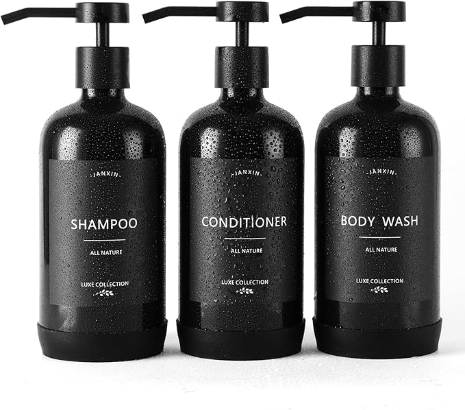 Janxin Shampoo and Conditioner Dispenser Set of 3,Refillable 21oz Shampoo Bottles with Non-Slip Protective Silicone Pad,Shower Soap Dispenser with Waterproof Labels for Bathroom (Black)