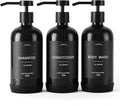Janxin Shampoo and Conditioner Dispenser Set of 3,Refillable 21oz Shampoo Bottles with Non-Slip Protective Silicone Pad,Shower Soap Dispenser with Waterproof Labels for Bathroom (Black)
