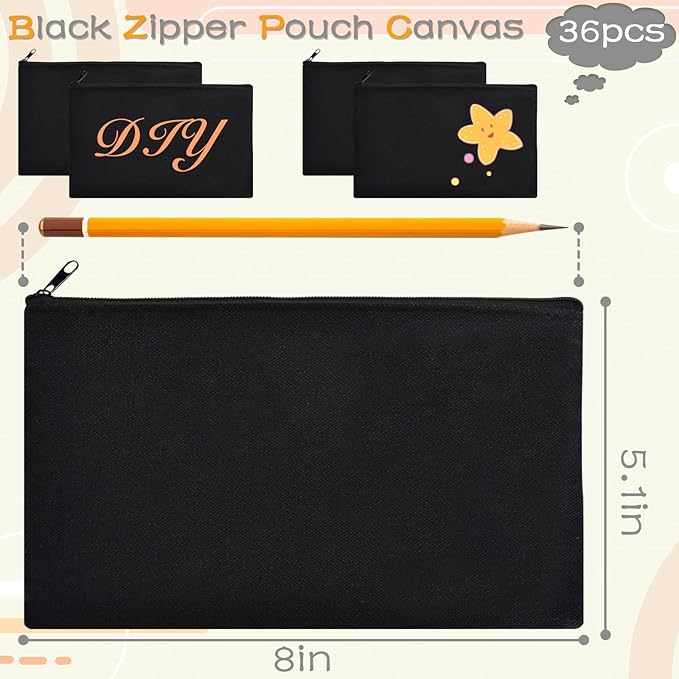 ZeeDix 36 Packs Black Canvas Pouch- Multi-purpose Cosmetic Bag with Zipper, Blank DIY Craft Canvas Zipper Bag, Travel Toiletry Bag (8.3 x 5 inches)
