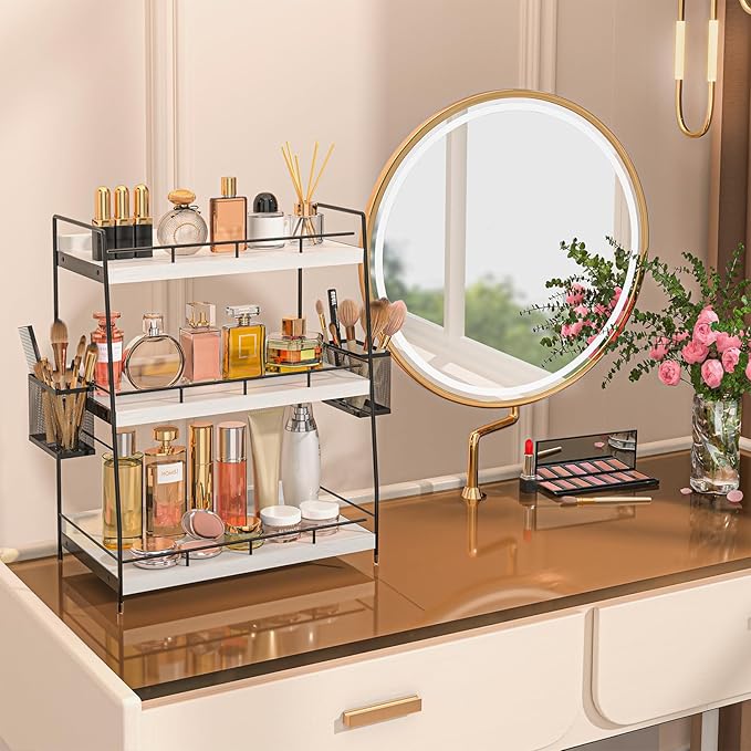 BSTSLL Bathroom Counter Organizer,Bathroom Countertop Organizer with Baskets,Vanity Organizers,Counter Shelf,Countertop Storage, Makeup Organizers(White)