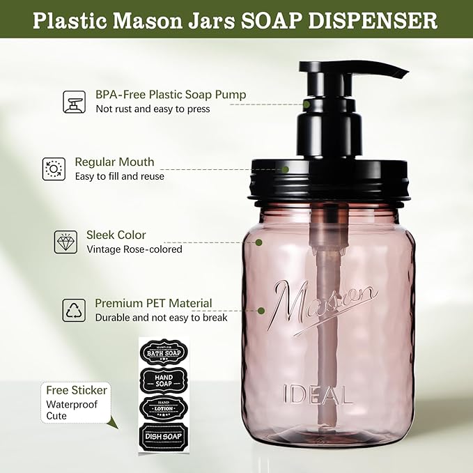 Amolliar 16 Oz Plastic Soap Dispenser, Refillable Hand Dish Soap Dispenser - Vintage Rose Bottle with Black Pump Lids, for Farmhouse Bathroom Kitchen, Includes Extra Pump & Waterproof Label