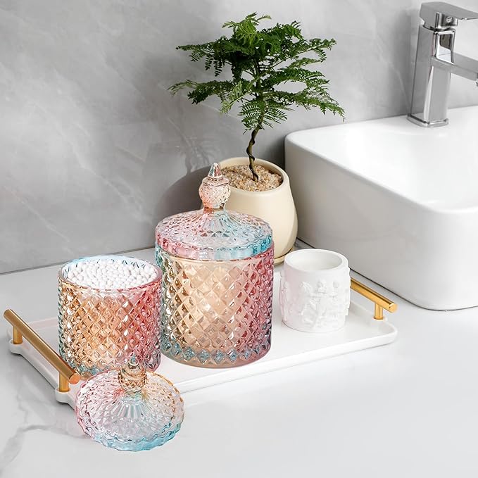 2 Pack Qtip Holder Apothecary Jars with Lid, Small and Large Rainbow