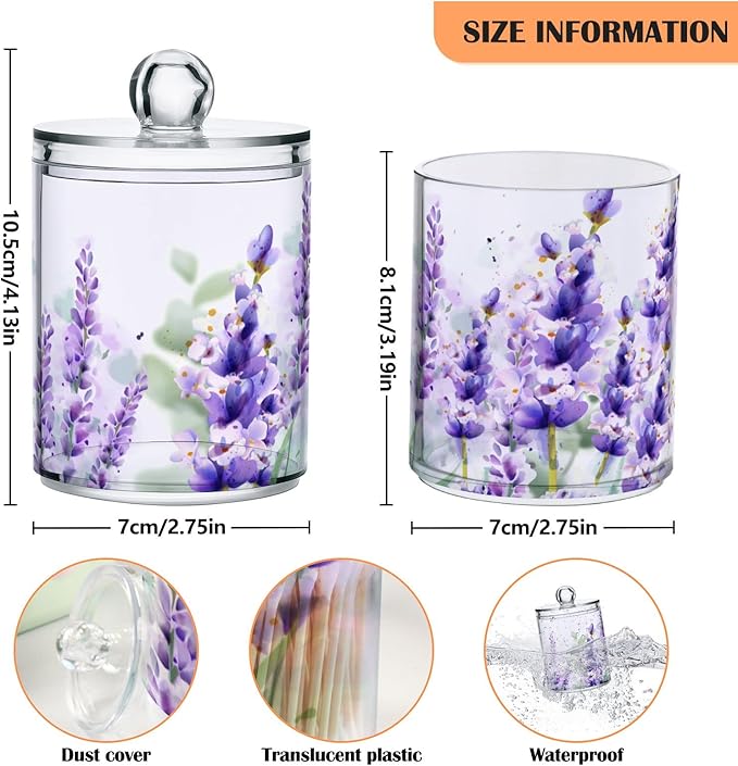 2 Pack Qtip Holder Dispenser for Cotton Ball Purple Lavender Cotton Swab Round Pads Clear Plastic Acrylic Jar Set Bathroom Canister