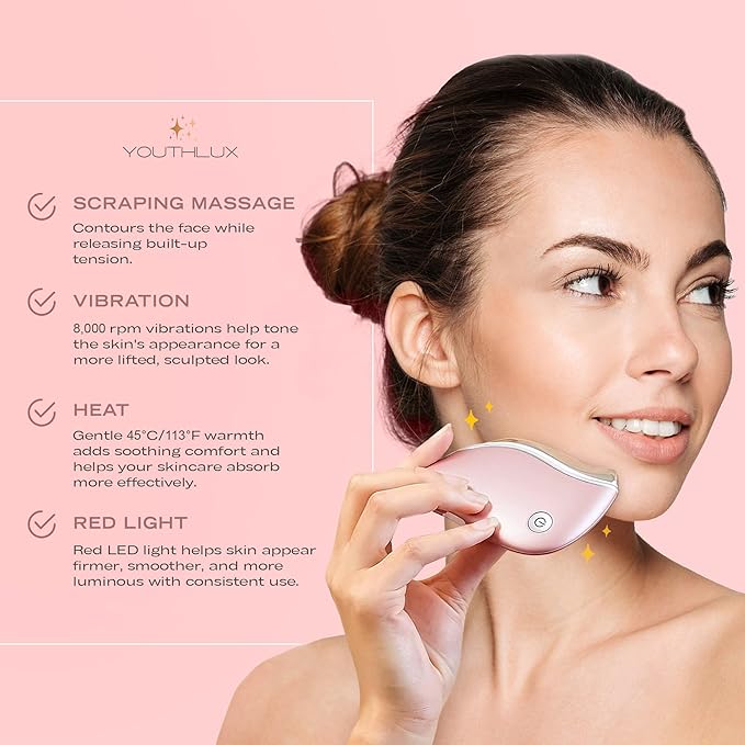 YOUTHLUX ProSculpt Heated Gua Sha Facial Massager – Electric Guasha Tool for Face Sculpting, Relaxation & Skincare | Soothing Vibration Facial Massage Tool with Contoured Design (Rose Gold)