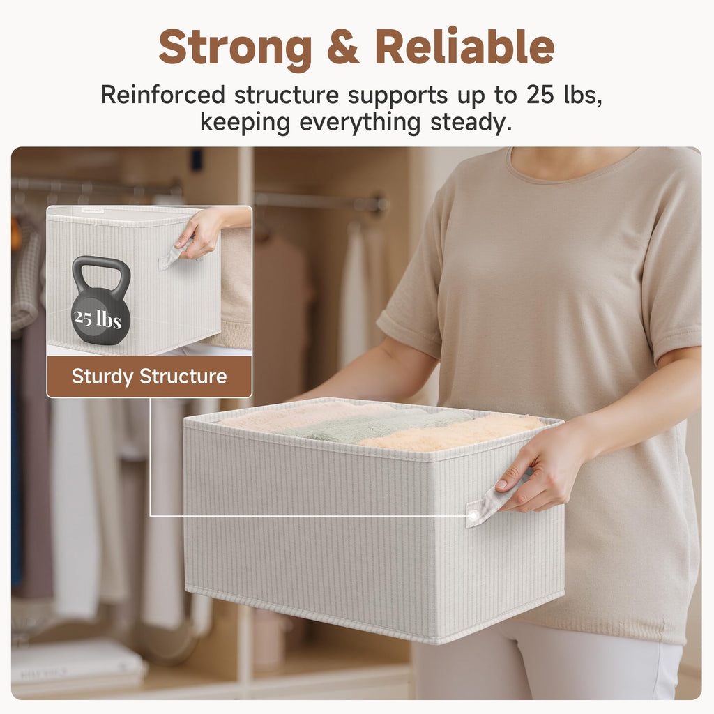StorageWorks Foldable Shelf Organizer Bins, Closet Storage Baskets for Clothes, Fabric Storage Bins for Shelves, Beige Stripes, 3-Pack, Large