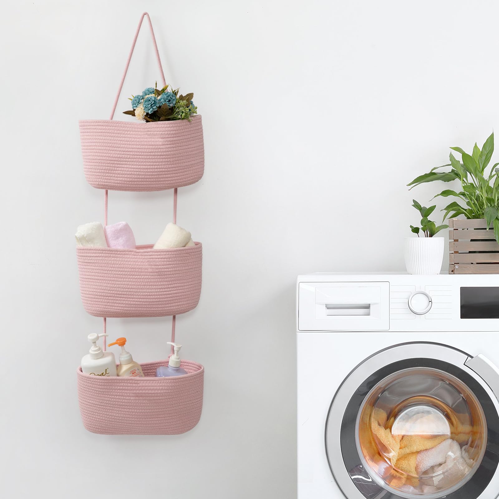 TeoKJ Over the Door Hanging Basket, 3-Tier Woven Cotton Wall-Mounted Storage Organizer Bag Decorative Hanging Nursery Baskets, Pink