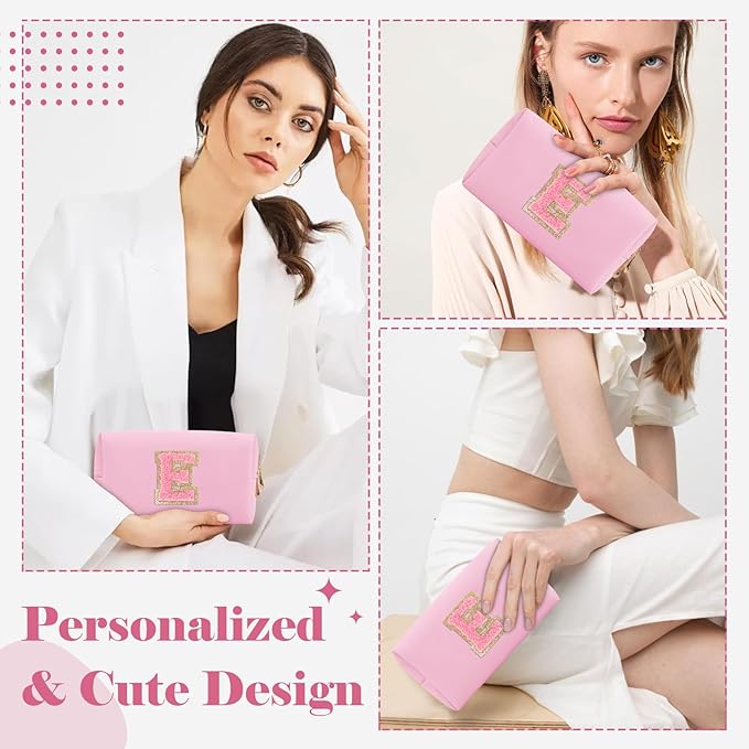 Personalized Initial A-Z Preppy Patch Makeup Bag,Small PU Leather Chenille Letter Cosmetic Bag with Zipper for Teen Girls,Pink Cute Travel Toiletry Bag,Birthday Monogrammed Gift for Daughter,Letter E