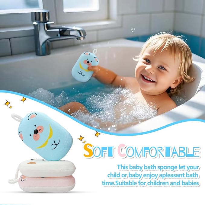 JieLiLeHome Baby and Kids Bath Loofah Sponge, Soft and Absorbent Toddler Exfoliating Body Scrubber Shower Loofa Sponge,Cute Pattern Design for Kids Baby Women Boys and Girl, 3 Pack (Bear/Dog/Cat)