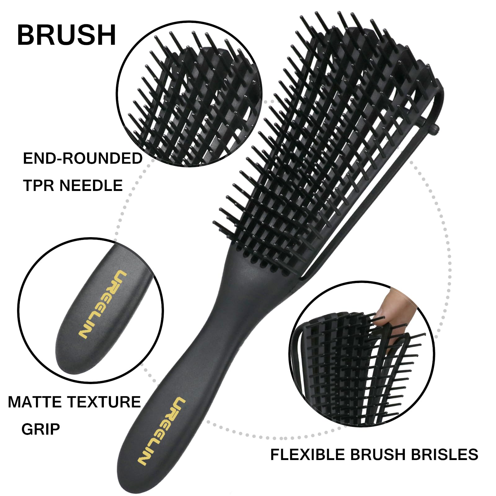 UREELIN Hair Brush Set for 3a,4c,Wig/Thick/Wavy/Curly/Slick Back Hair Brushes,Rat Tail Combs,8-Row,Edge Brush,For Detangling,Braiding,Teasing,Parting,Styling,Kids,Girls,women(Black)