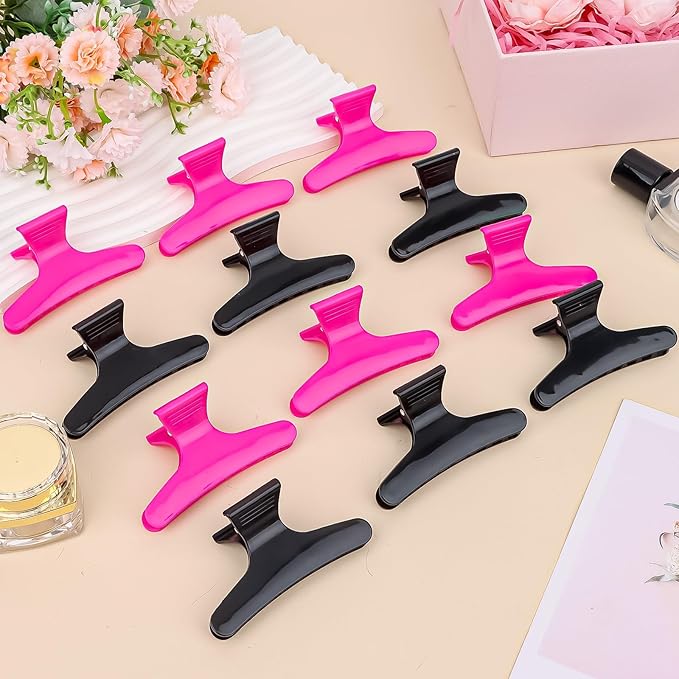 BAHABY Hair Clips for Styling Sectioning 12 Pack Black Hot Pink Butterfly Clamps Hair Claw Clips Pro Salon Hair Clips for Styling, Sectioning, Cutting and Coloring