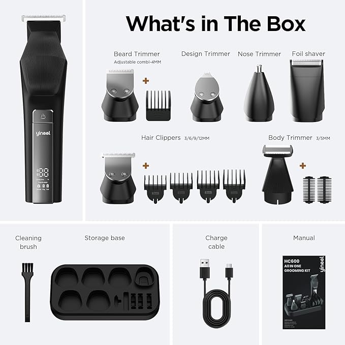 Yineel HC600 Beard Trimmer for Men, All-in-One Cordless Grooming Kit, Waterproof Electric Razor & Hair Clipper for Face Mustache Body Nose Hair Trimming, Precision Blades, Gifts for Men Barber